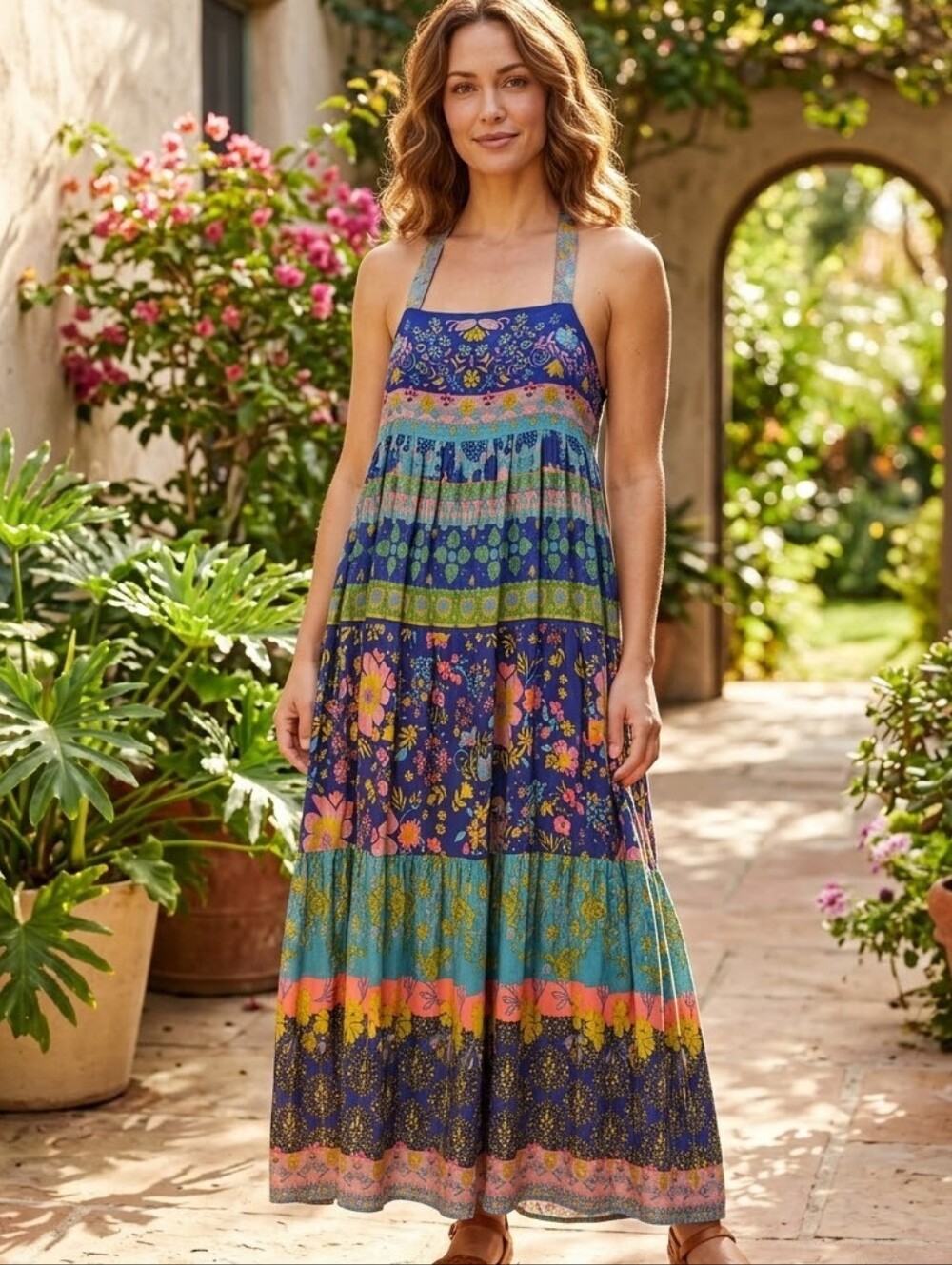 Natural Life Adjustable Straps Floral Tiered Maxi Dress.